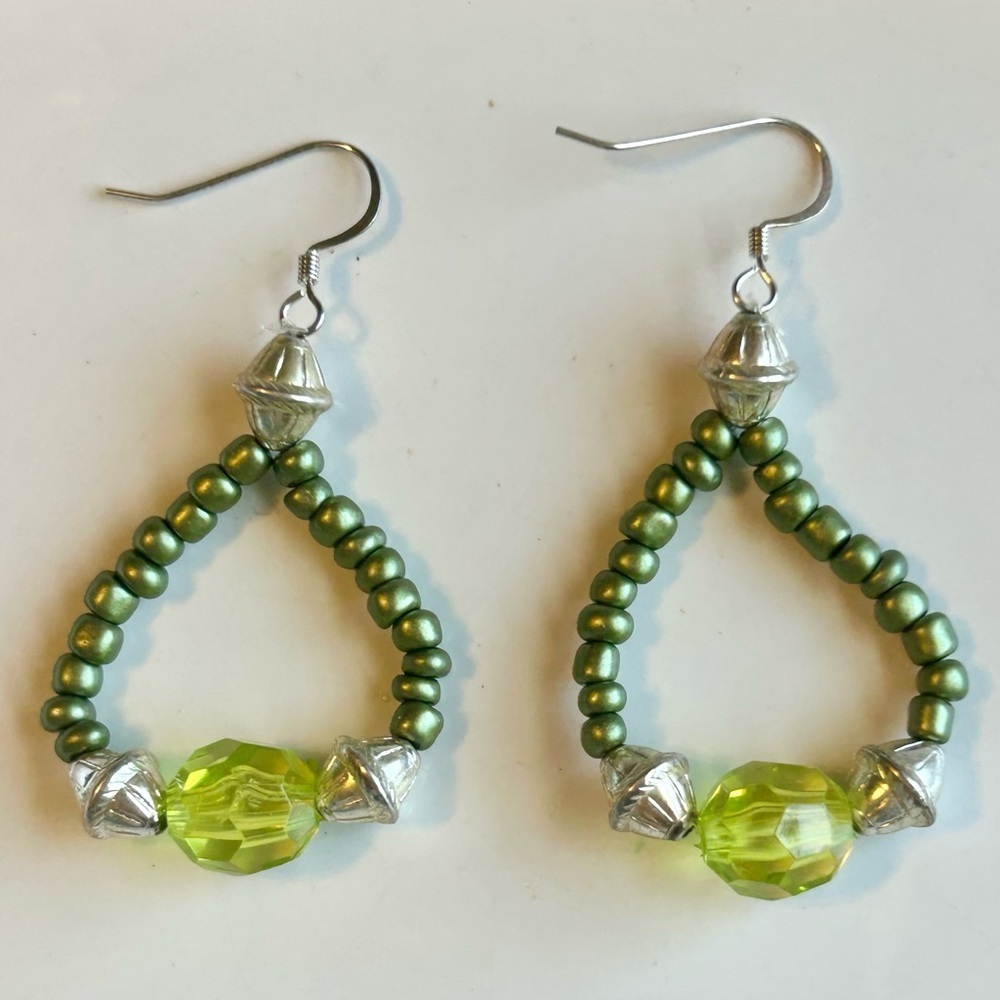 Artisan Handmade Green Glass Beaded Teardrop Dangle Crystal Earrings Boho Bold